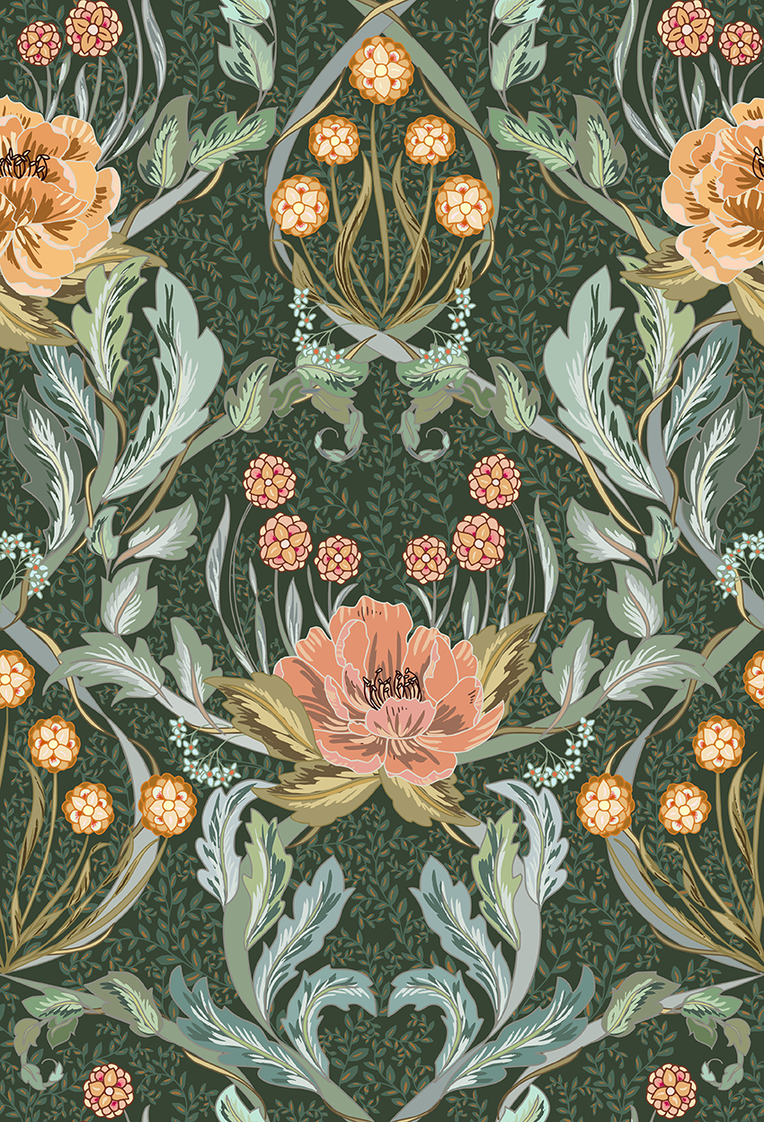 Floral Heritage Morris Hazy Blue peel and stick wallpaper room mockup